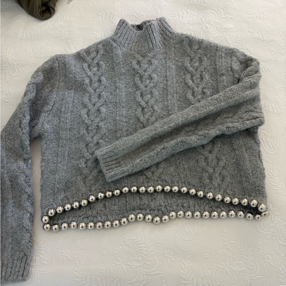 Gray Cable Knit Sweater with Silver Accents